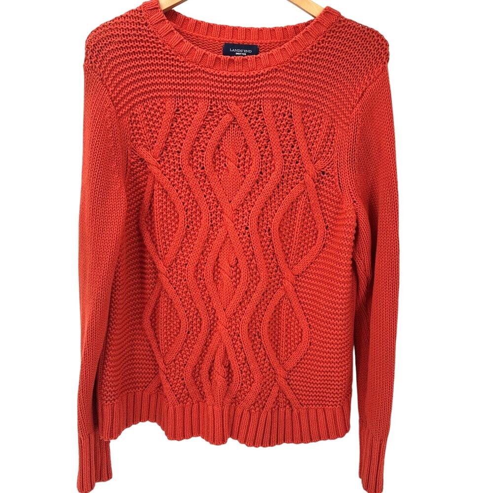 Lands End Sweater Womens Large THE‎ DRIFTER Cable Knit Orange Fisherman Pullover